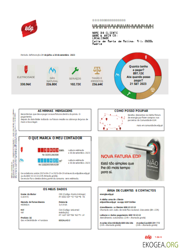 Facture d'entreprise de services publics EDP Portugal, SCR